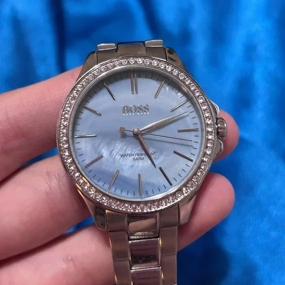 HUGO BOSS blue mother of pearl crystal watch BOSS - H-link-bracelet watch with light-blue dial - Silver main image 3
